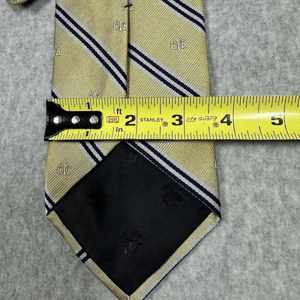 Brooks Brothers Silk Repp Tie Gold Navy Blue Striped Logo Embroidery Made In USA